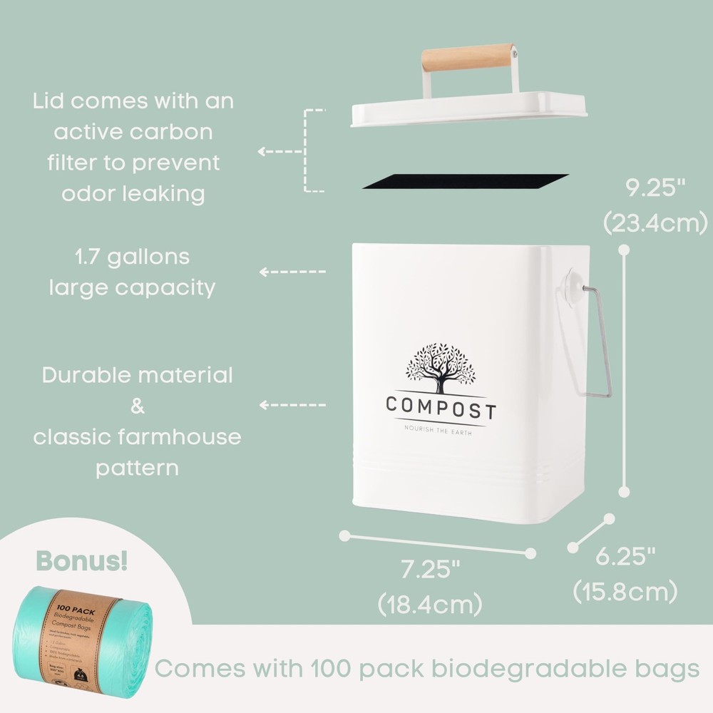 Kitchen Compost Bin, 1.7 Gallon Countertop Compost Bin with Lid, Indoor Compo...