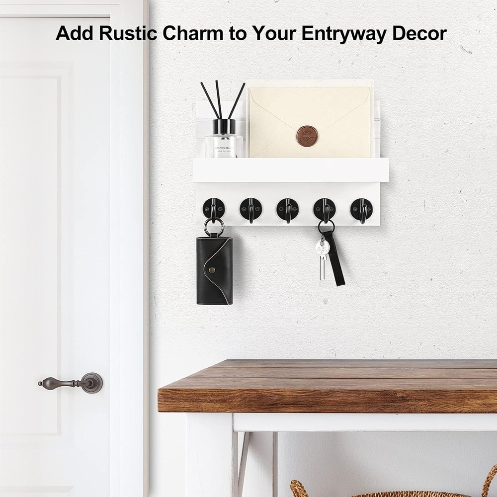 Handmade Decorative Key and Mail Holder with Large Hooks for Wall Mounting