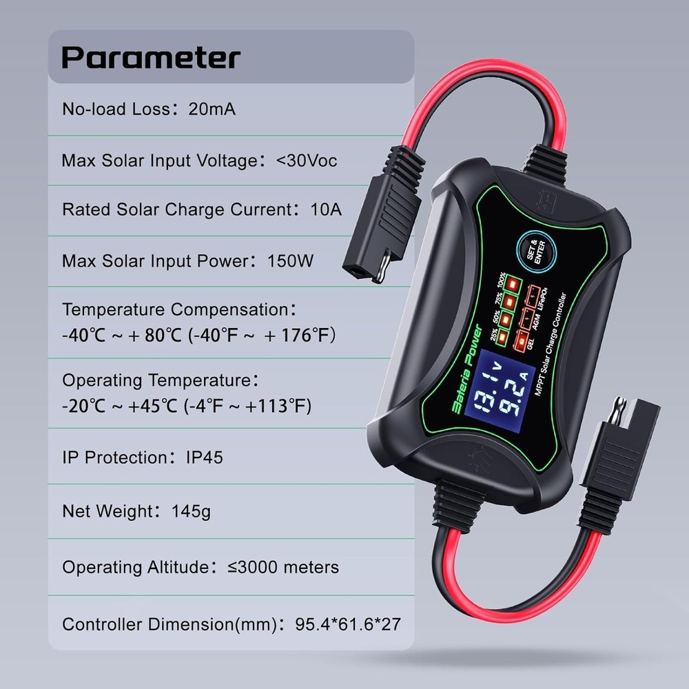10A MPPT Solar Charge Controller, Solar Intelligent 10 Amp 12 Volt Solar Regula