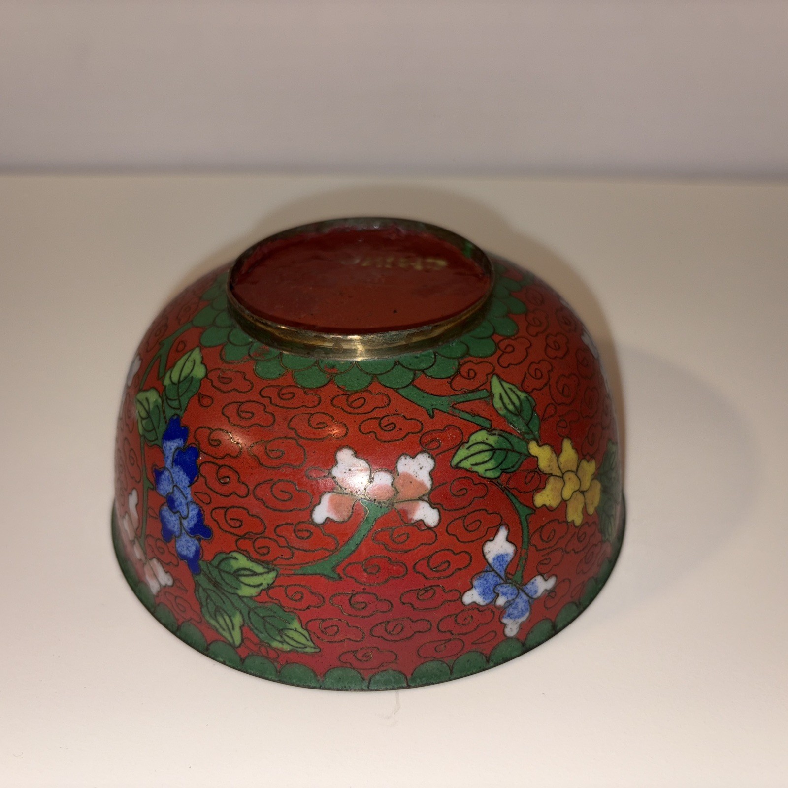 Vintage Cloisonné Enamel Bowl Maroon/green/blue China 4.5” Flowers