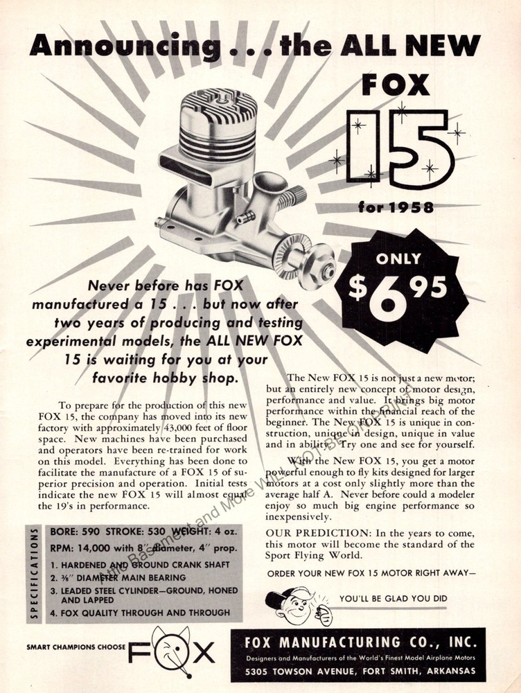 1958 FOX 15 RC Engine Print Ad Wall Decor Ephemera