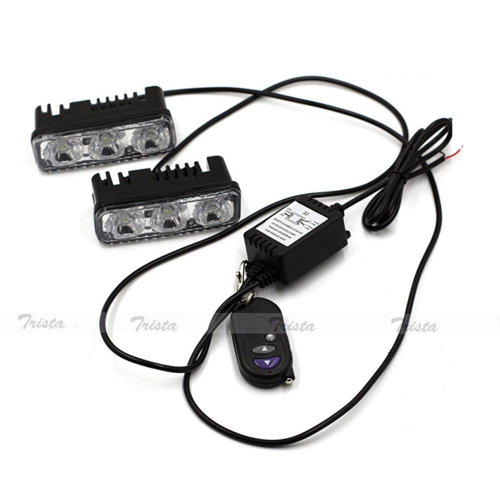 2pcs 3 LED White Car DRL Driving Light Remote Control Strobe Flash Warning Lamp