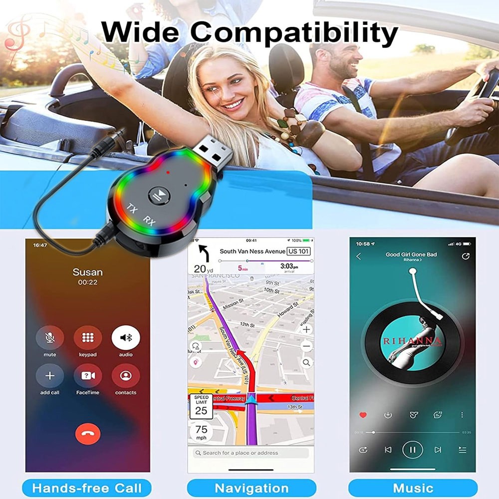 USB with LED Lights Bluetooth 5.0 Transmitter Receiver 2 in 1 Audio Adapter