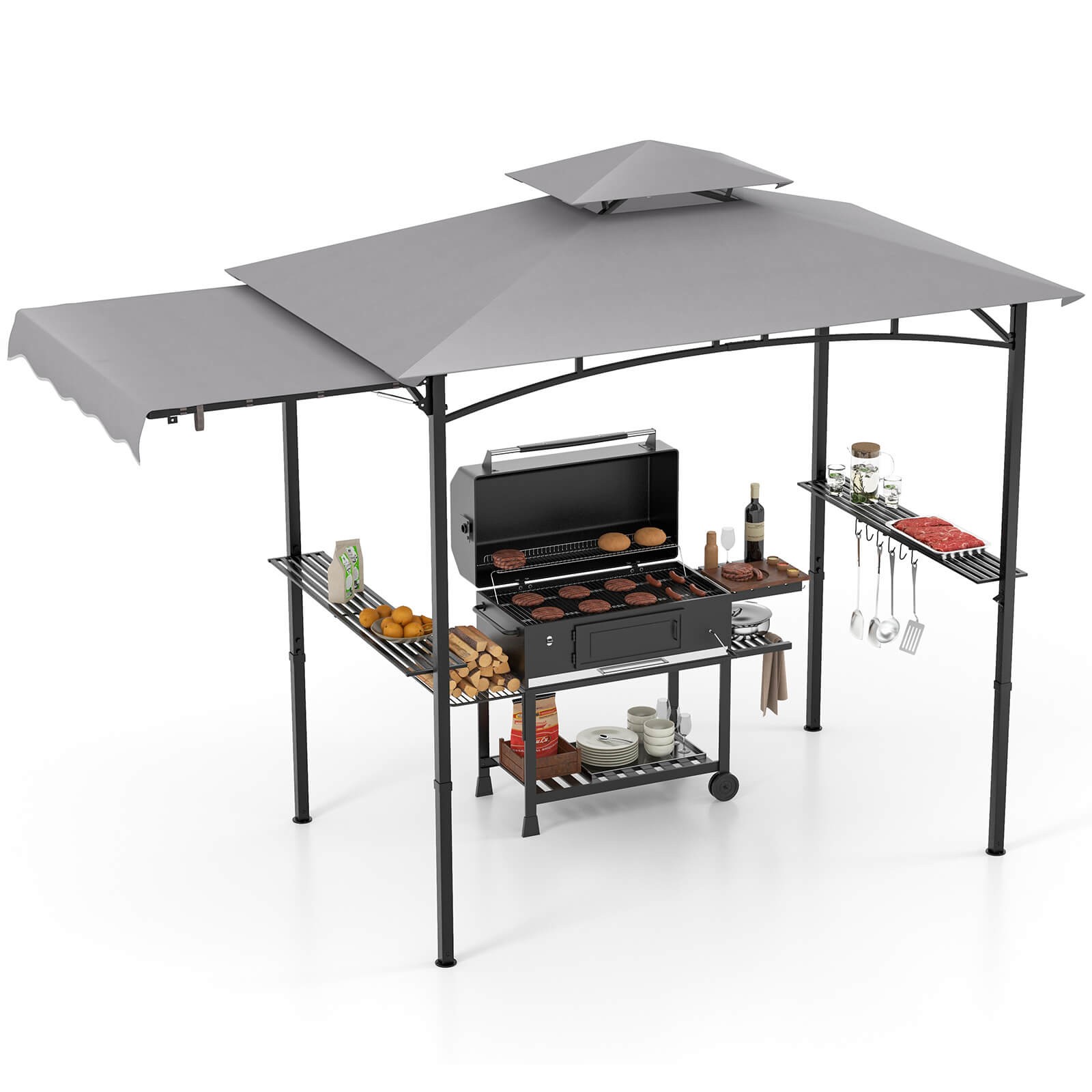 11 x 5 FT Grill BBQ Gazebo w/ Side Awning Double-Tiered Top 2 Side Shelves