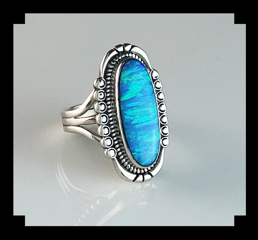 Handcrafted Sterling and Blue Opalite Ring Size 9