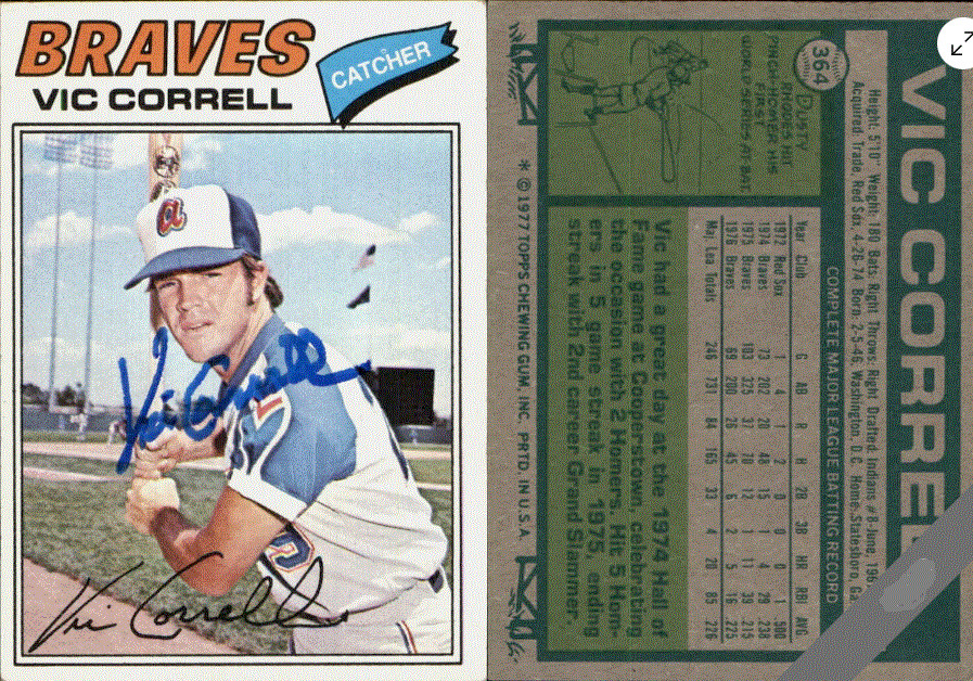 Braves 1977 MLB Vic Correll  🖐️ Signed