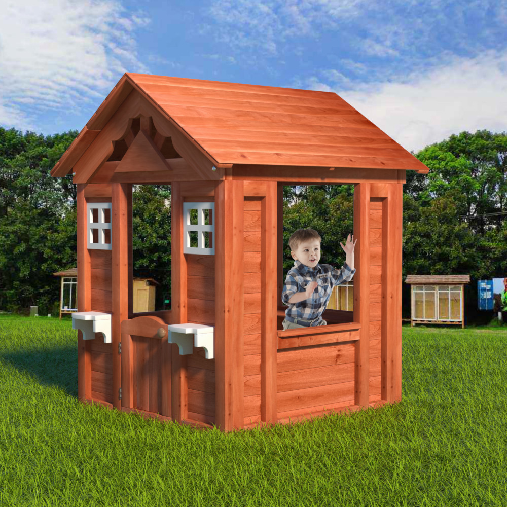 Wooden Kids Playhouse with 2 windows and flowerpot holder,42"Lx46"Wx55"H
