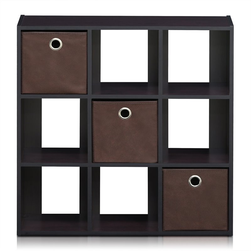 Furinno Engineered Wood Simplistic 9-Cube Organizer with Bins in Dark Walnut