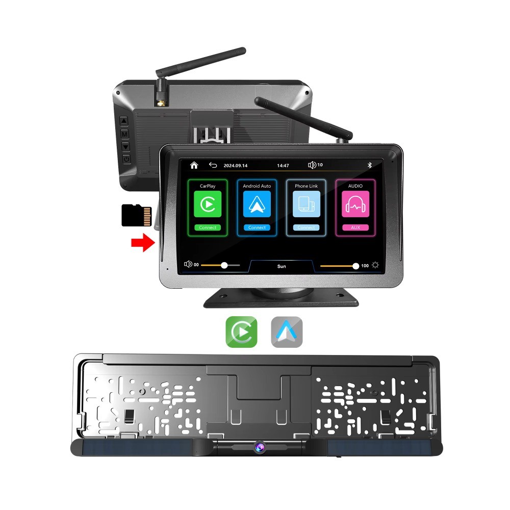 DIY Wireless 720P HD EU Plate Backup Camera with 7"CarPlay Android Auto Display​