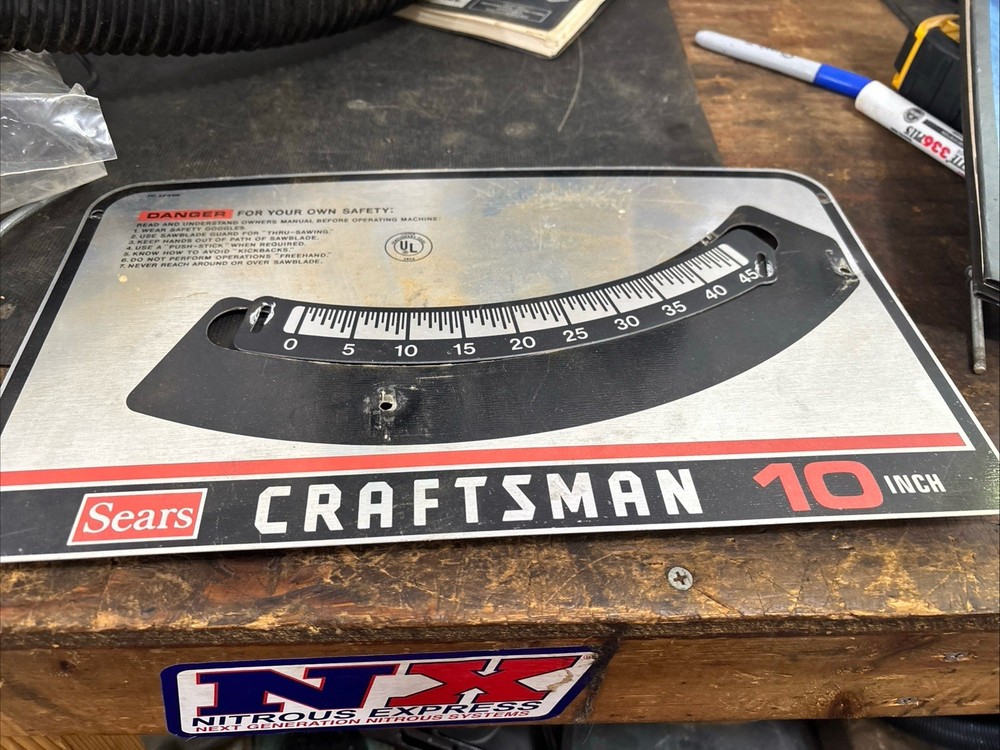 Vintage Sears Craftsman 10" table saw front panel & angle indicator  #113.298240