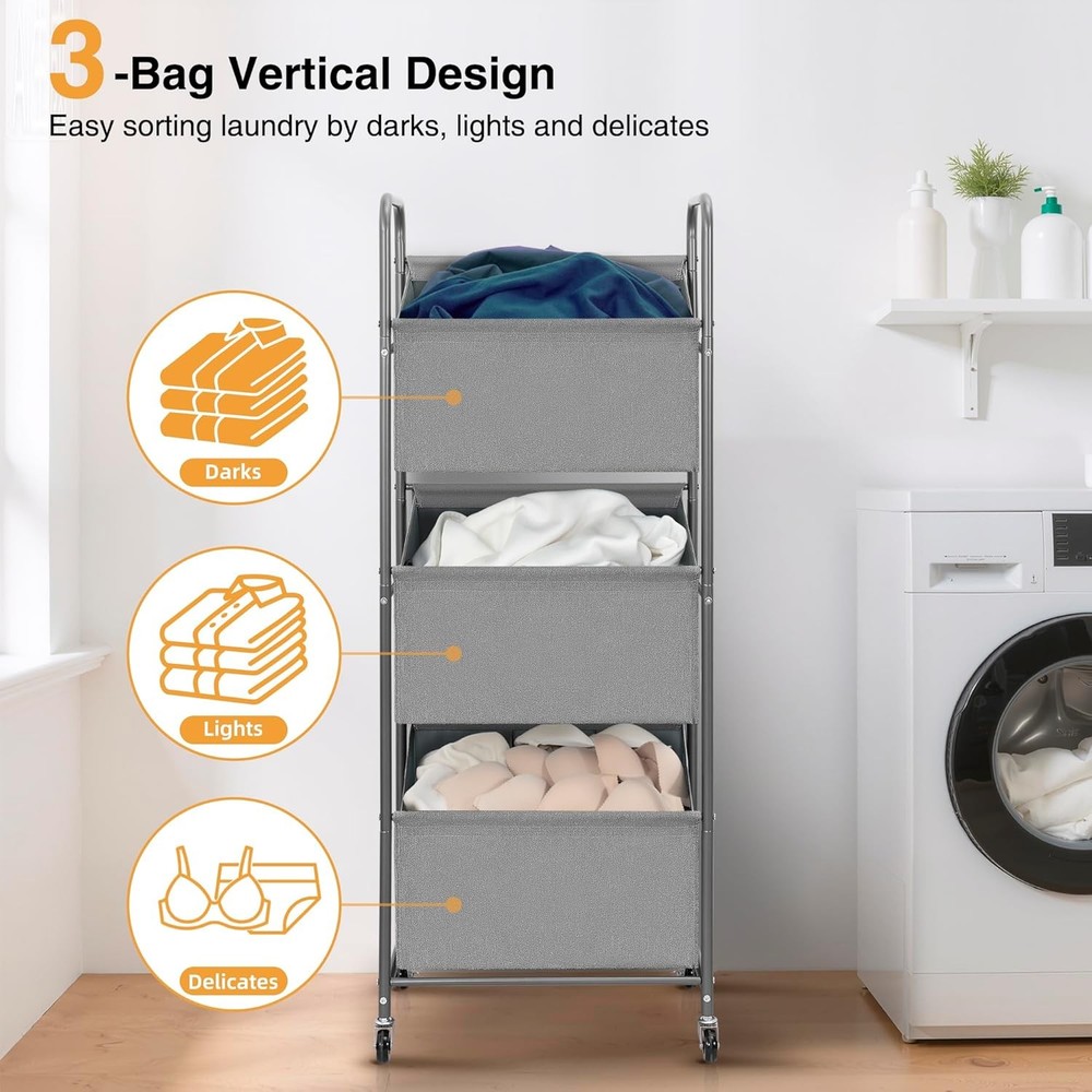 3-Tier Vertical Rolling Laundry Hamper W/ Removable Bags 120L Stackable Laundry