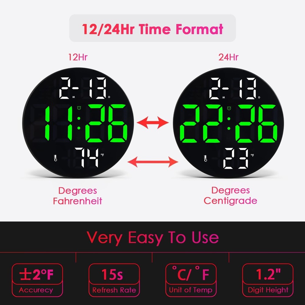 Digital Wall Clock with Large LED Display, 5-Brightness, Temperature, Low-Ref...