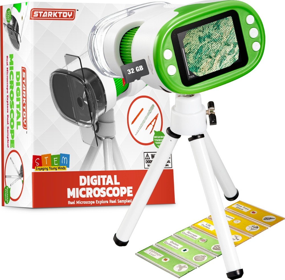 Digital Microscope with Camera for Kids with Slides, Rechargeable, Portable