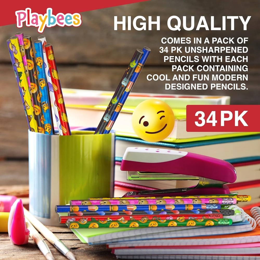 Emoticon Pencils - 36 Pack - Fun & Vibrant Writing Tools with Erasers