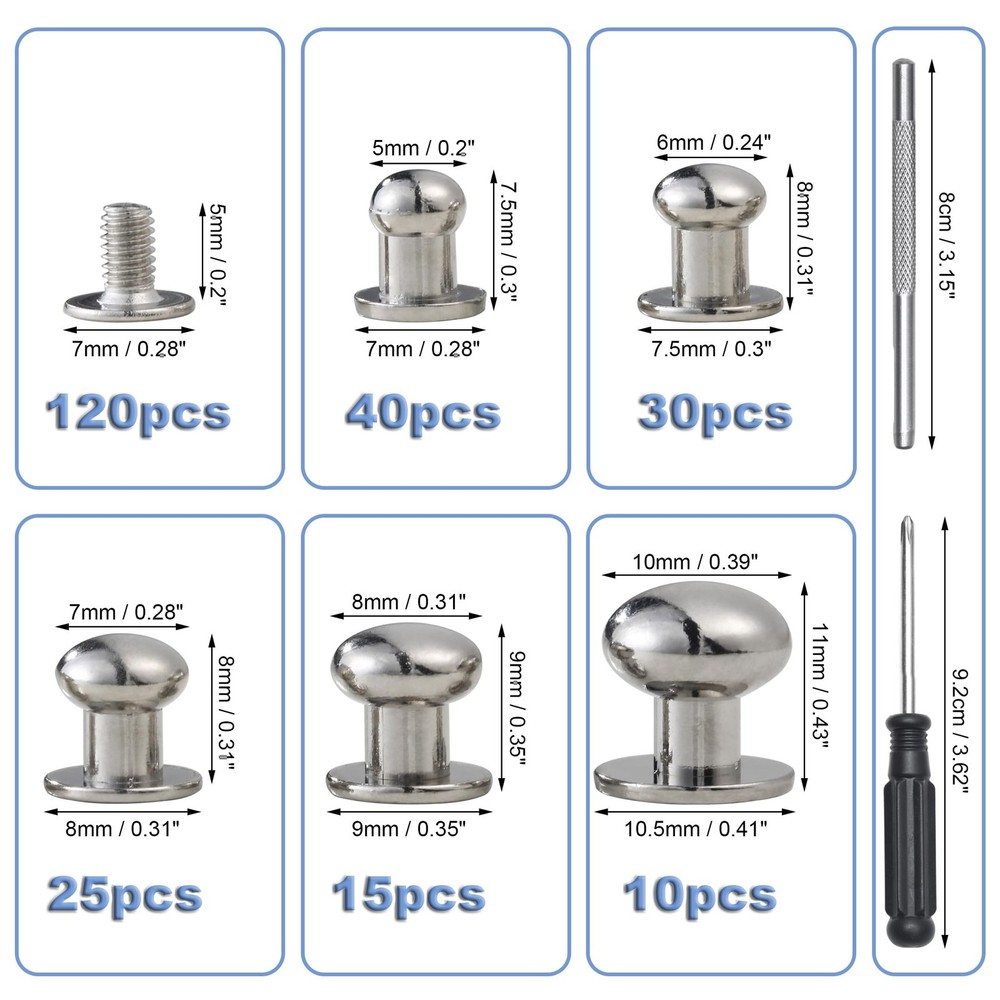 YORANYO 120 Sets Round Head Button Stud Assorted Sizes Screw for Leather
