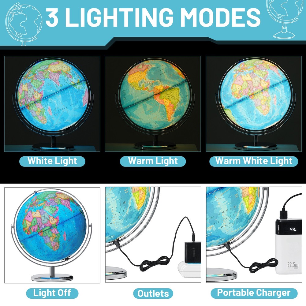 13" Illuminated Globe Map 720° Rotation with Touch Switch 3 LED Lighting Modes