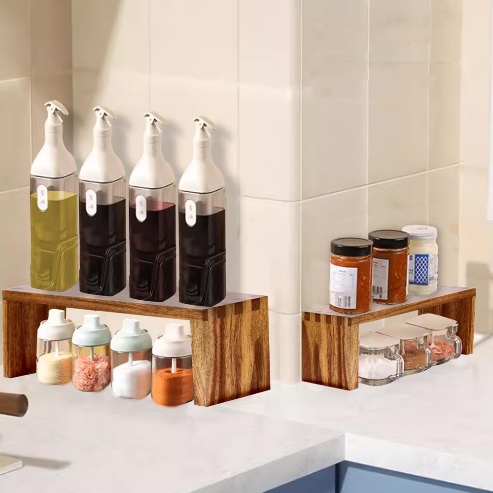 8Pcs Wood Risers Display Stands 2 Set, 4 Tier Rectangular Spice Rack for Food...