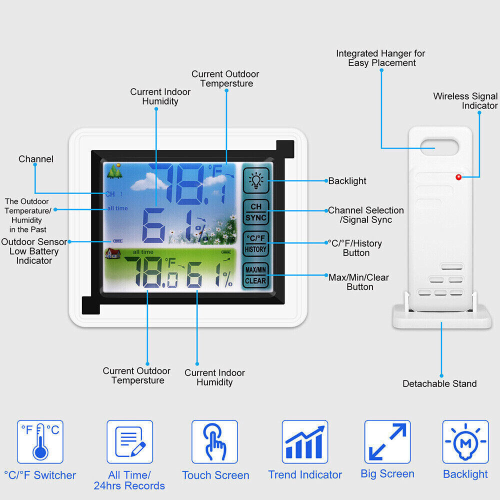 Digital LCD Thermometer Wireless Indoor & Outdoor Weather Station Clock Calendar