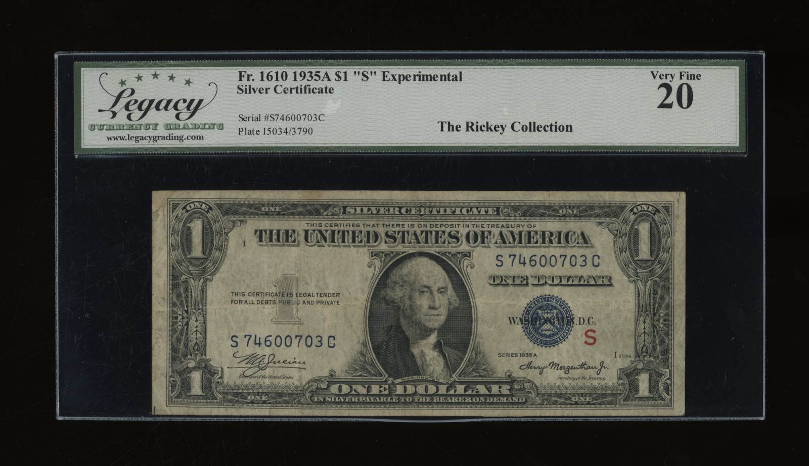DBR 1935-A $1 Silver Experimental (S) Fr. 1610 Legacy VF-20 Serial S74600703C