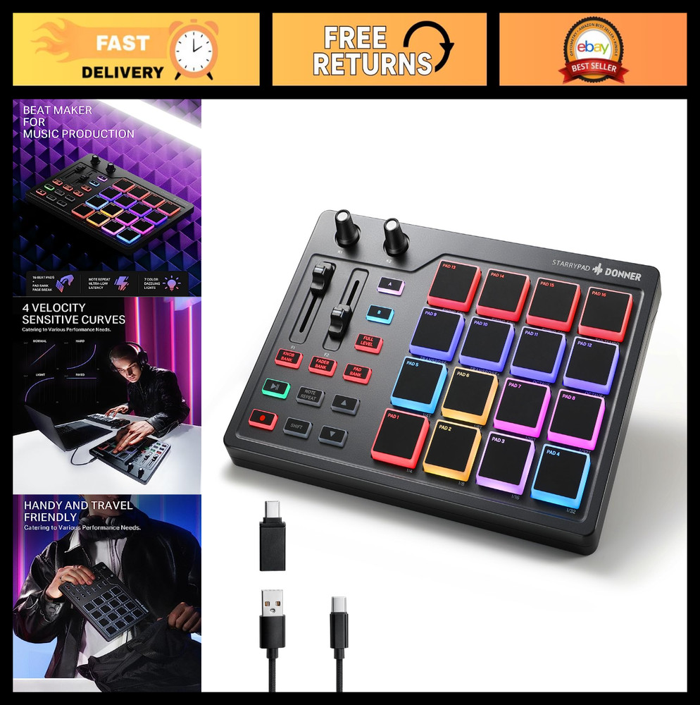 MIDI Pad Beat Maker Drum Machine with 16 Pads, Faders, Knobs & Software - USB Co