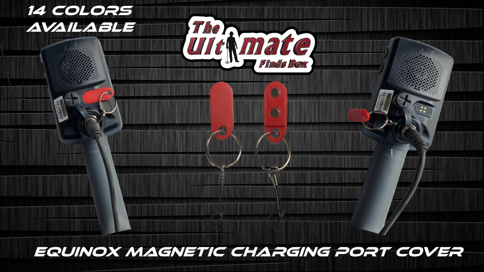 Minelab Equinox 800 charging port magnetic cover with lanyard.