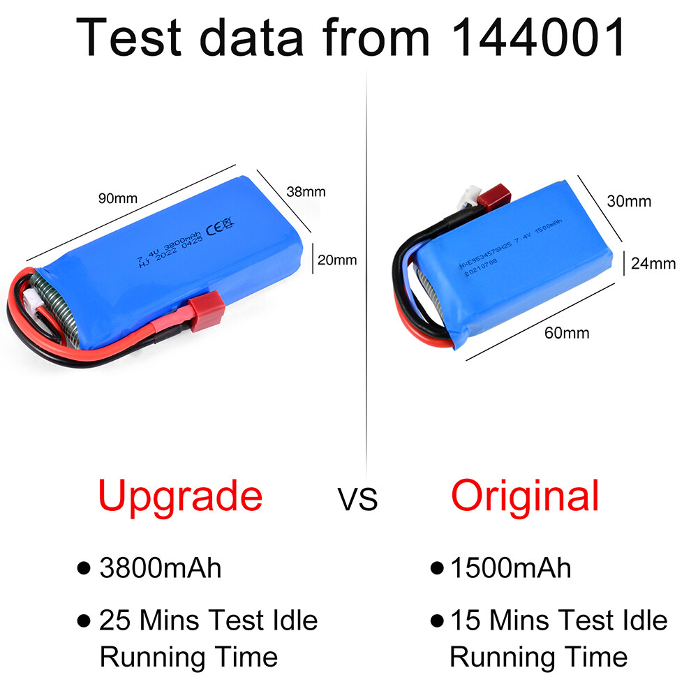 2pcs 7.4v 3800mah Rc 2s Lipo Battery T Plug For Wltoys 144001 144010 124016