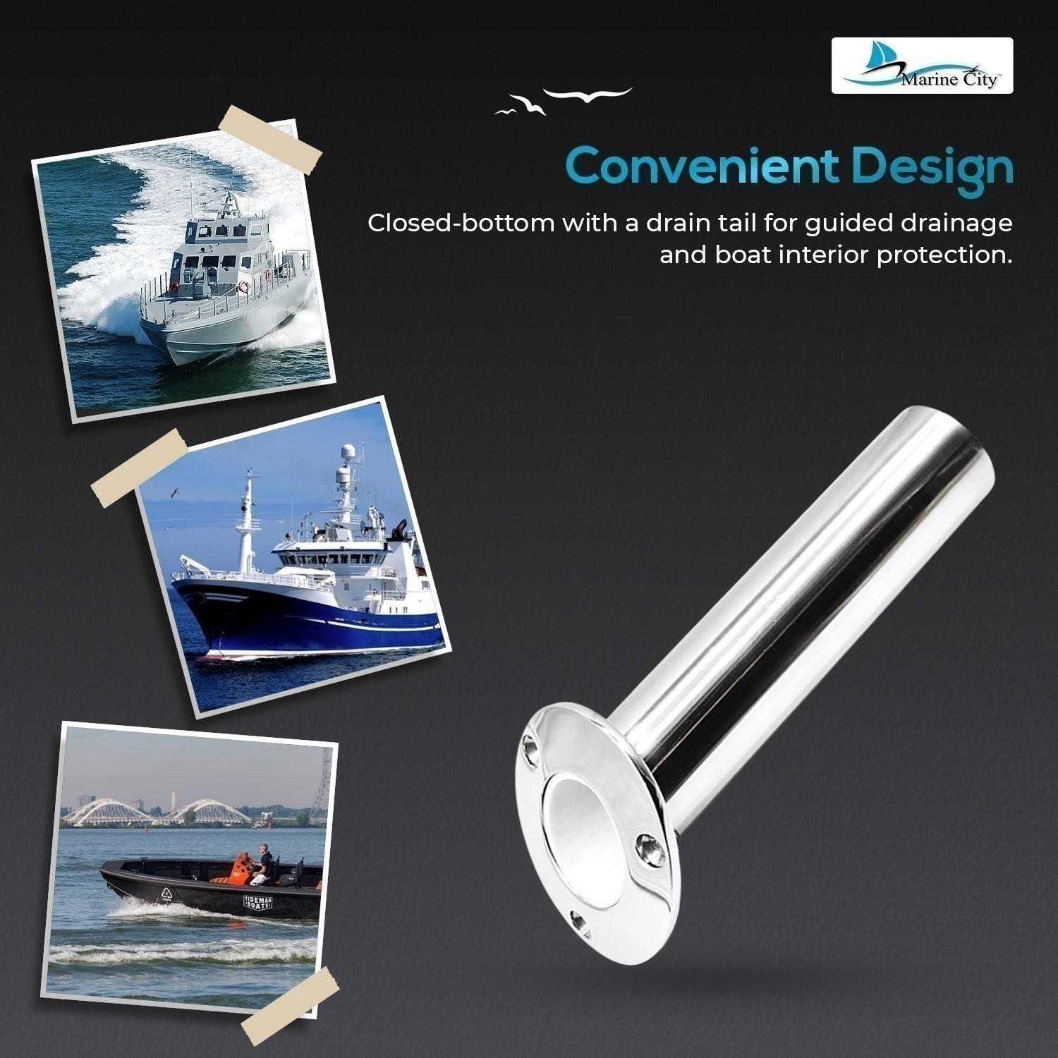 Marine City 316 Stainless Steel Fishing Rod Holder Drain Flush Mount 30° Angle