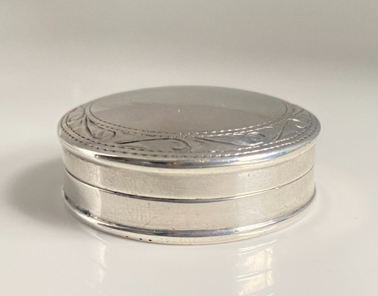 Vintage Carrs Solid Silver Hinged Pill Box Chased Foliate Border Hallmarked