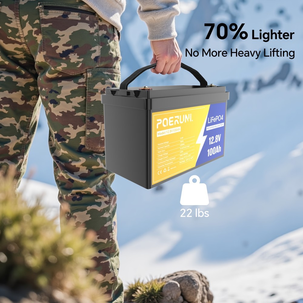 POERUNI 12V 100Ah Lithium LiFePO4 Battery 8000+ Deep Cycle for Solar RV Marine