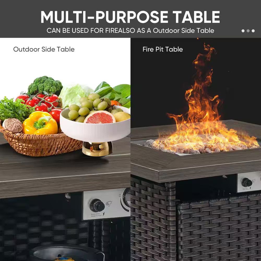 30 In. 50000 BTU Rectangular Brown Rattan Propane Outdoor Fire Pit Table with La