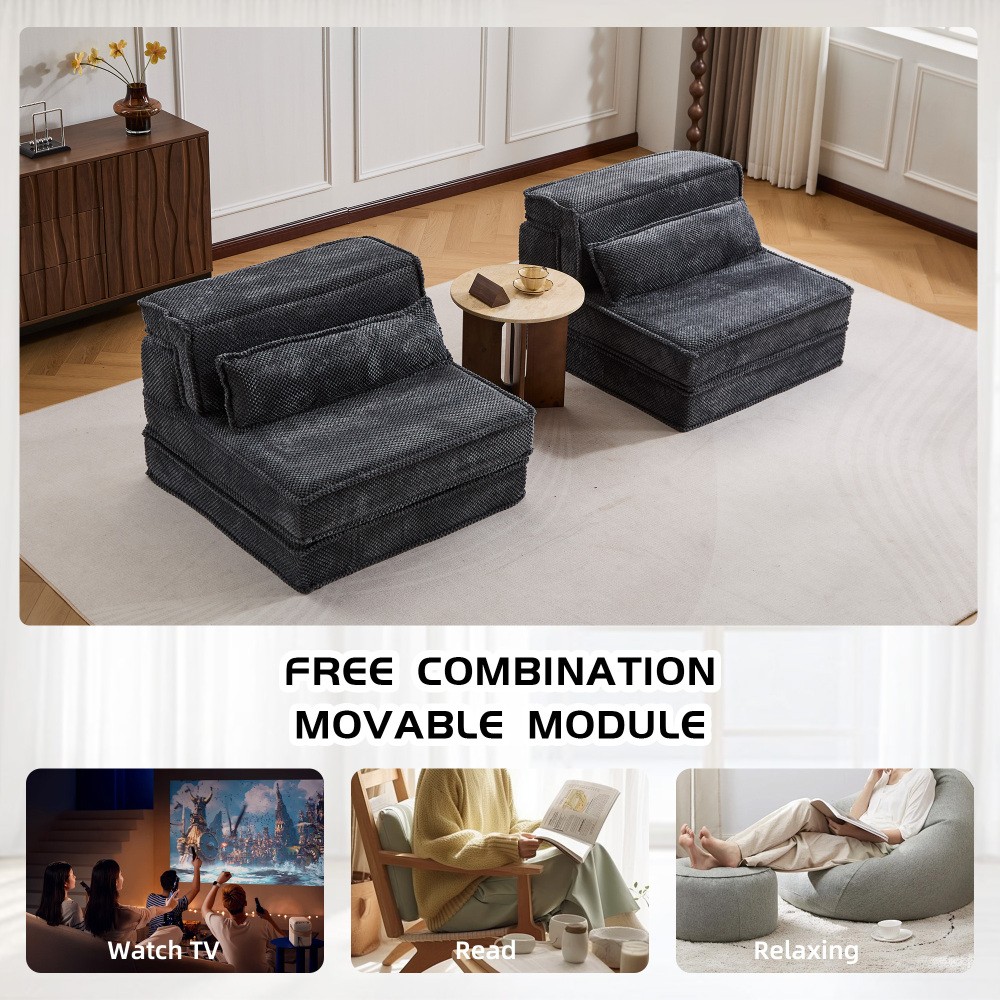 Convertible Floor Sofa Bed w/ Pillows, DIY Modular Sectional Dark Grey