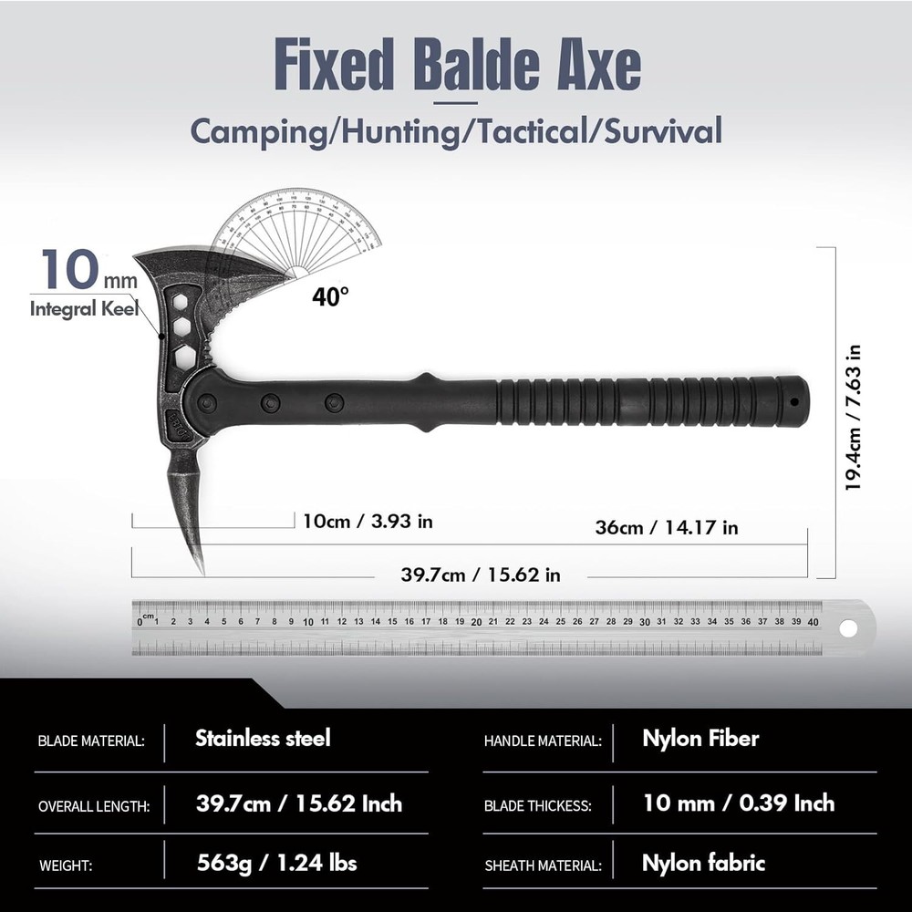 15" Black Stonewashed Tomahawk Throwing Axe Battle Hatchet Survival Fixed Blade