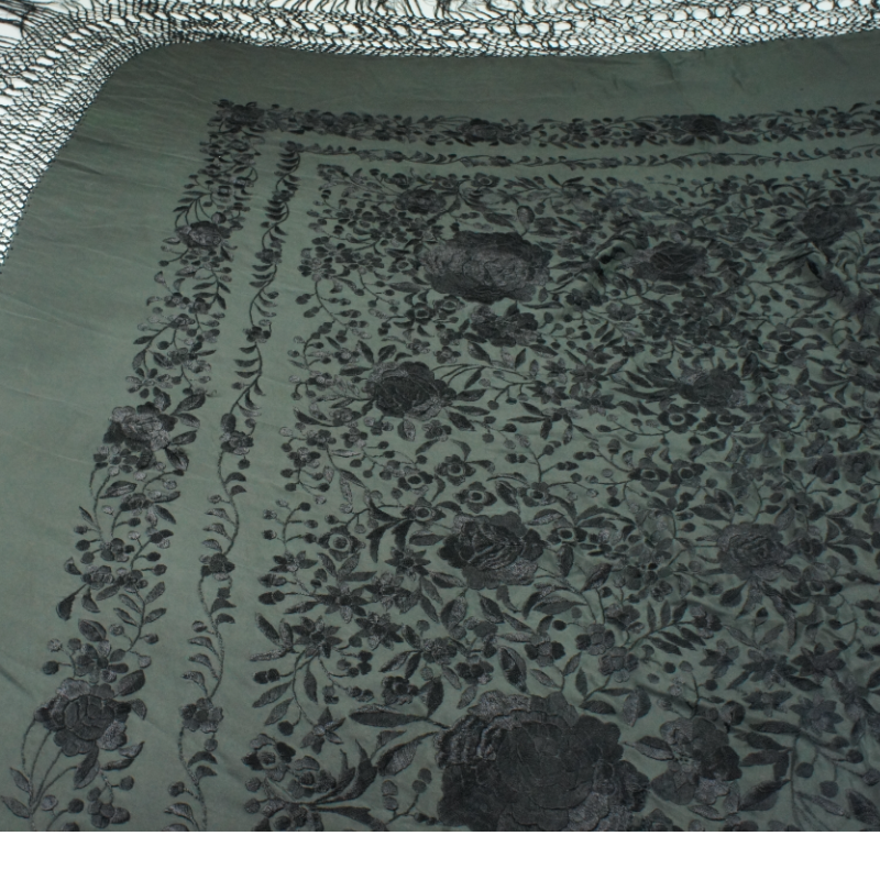 Antique Silk Shawl Wrap Piano Scarf HAND EMBROIDERED FLORAL WITH FRINGE 51"inch