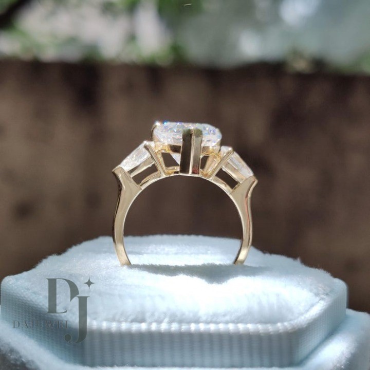 Moissanite Three Stone Engagement Ring Solid 14K Yellow Gold Heart Cut 2.70 CT