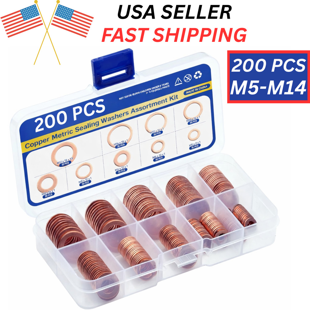 200PCS Solid Copper Crush Washer Gasket Set Flat O-Ring Seal Assortment Kits US