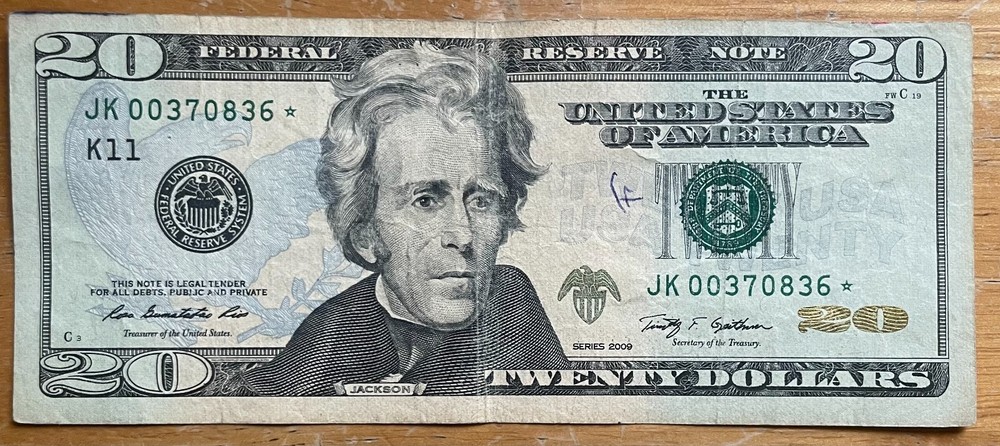 2009 $20 Dollar Star* Note JK00370836 * Circulated Note.