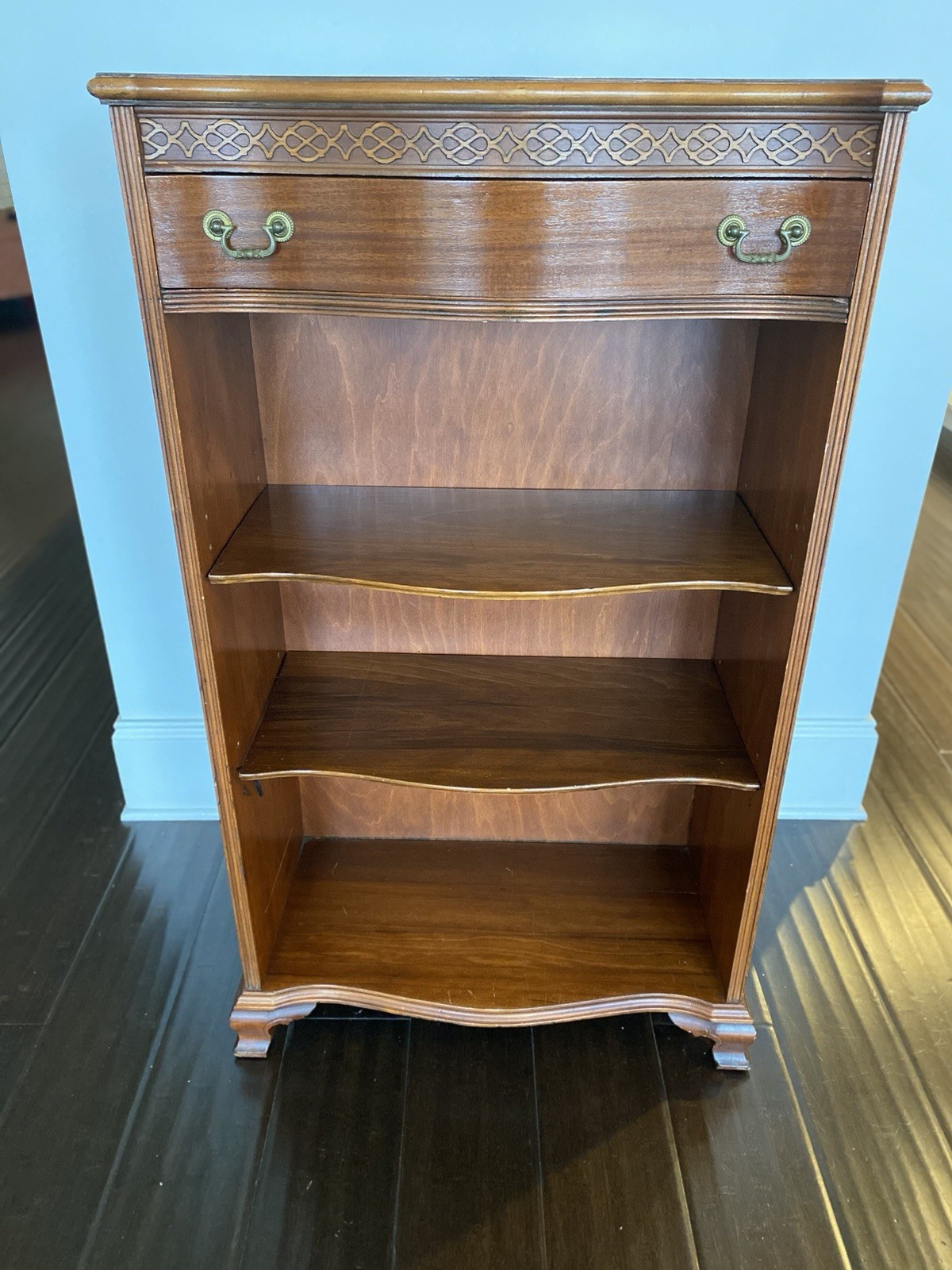 Wabash Antique Wooden Bookcase 3 Shelves Carved Details Brass Handles
