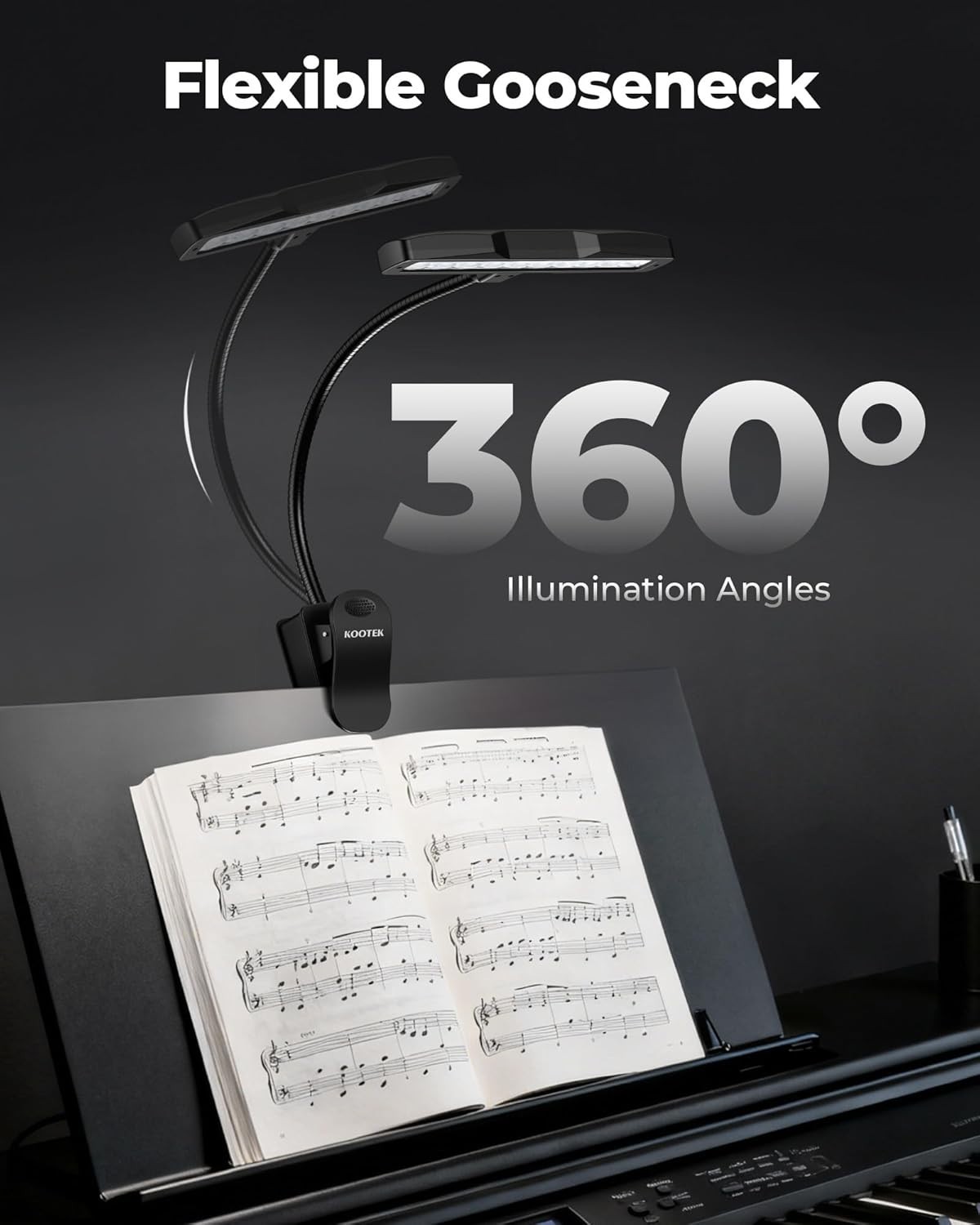 Black Clip-On Music Stand Light LED with Brightness Control Rechargeable