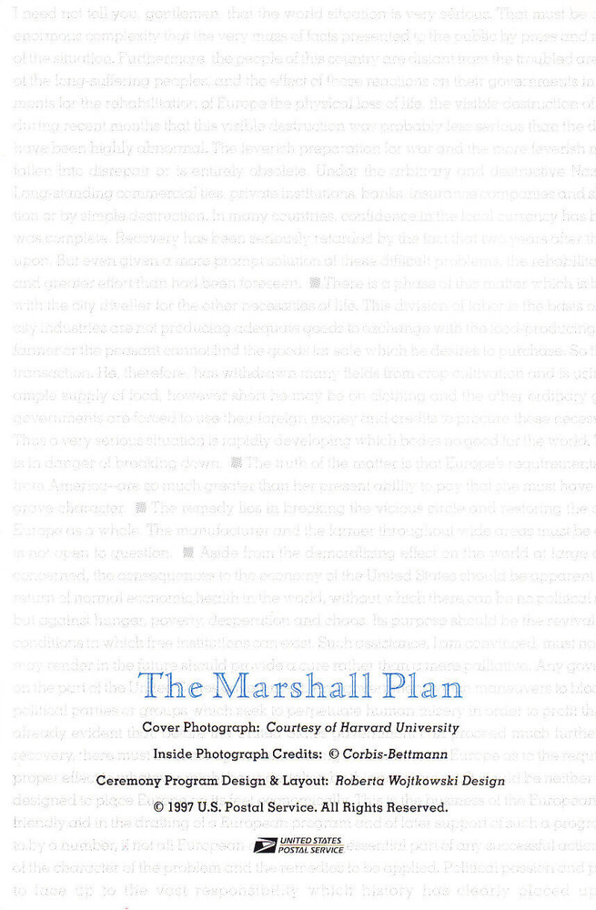 USPS FDC Ceremony Program #3141 The Marshall Plan 50th Anniversary Harvard 1997