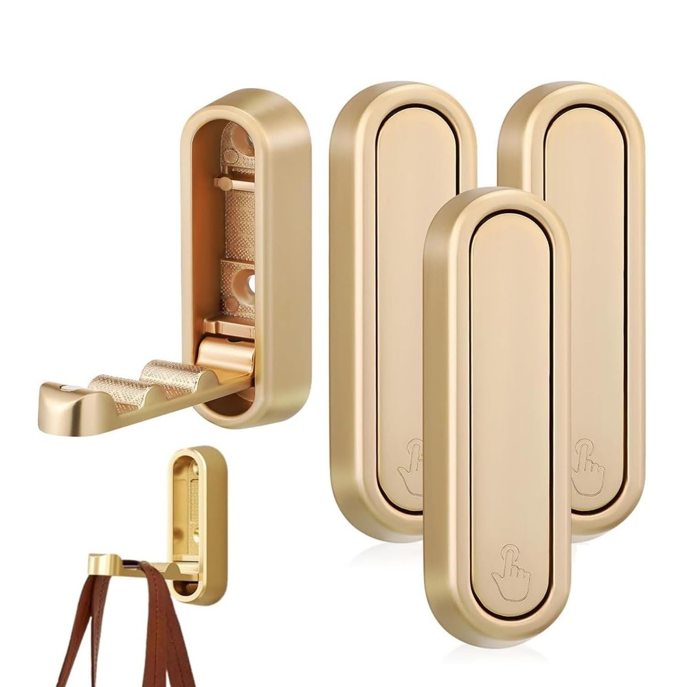 4PCS Gold Foldable Wall Hooks, Metal Folding Hooks Wall Mount, Easy Installat...
