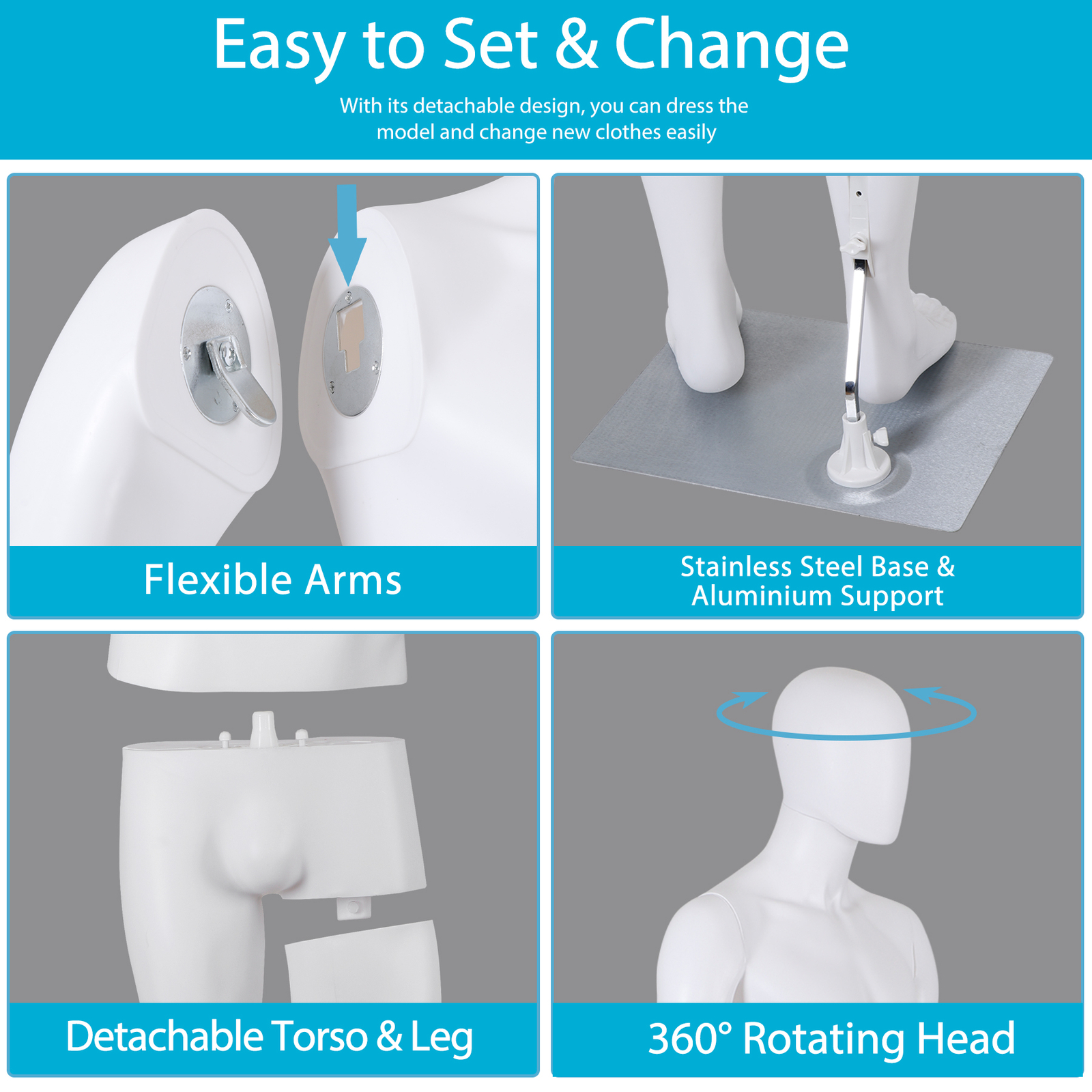 Male Mannequin Full Body Dress Form Adjustable 73Inch Realistic Detachable White