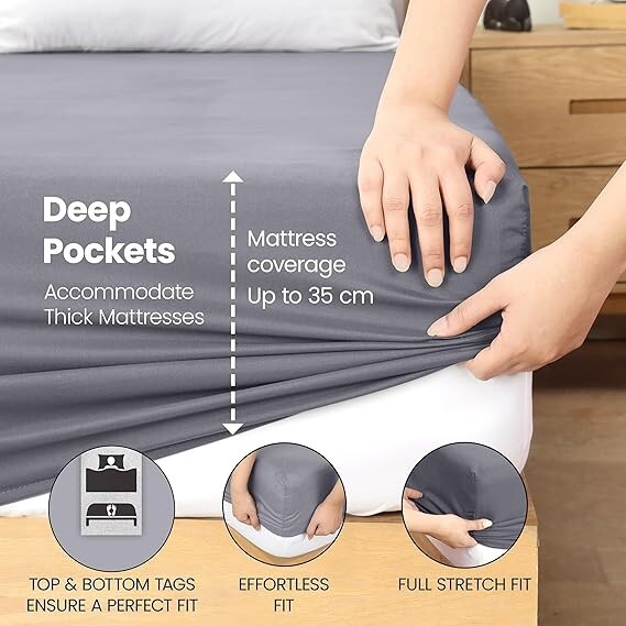 Utopia Bedding Fitted Sheet Double, Grey - Deep Pocket 14 inch (35 cm) -