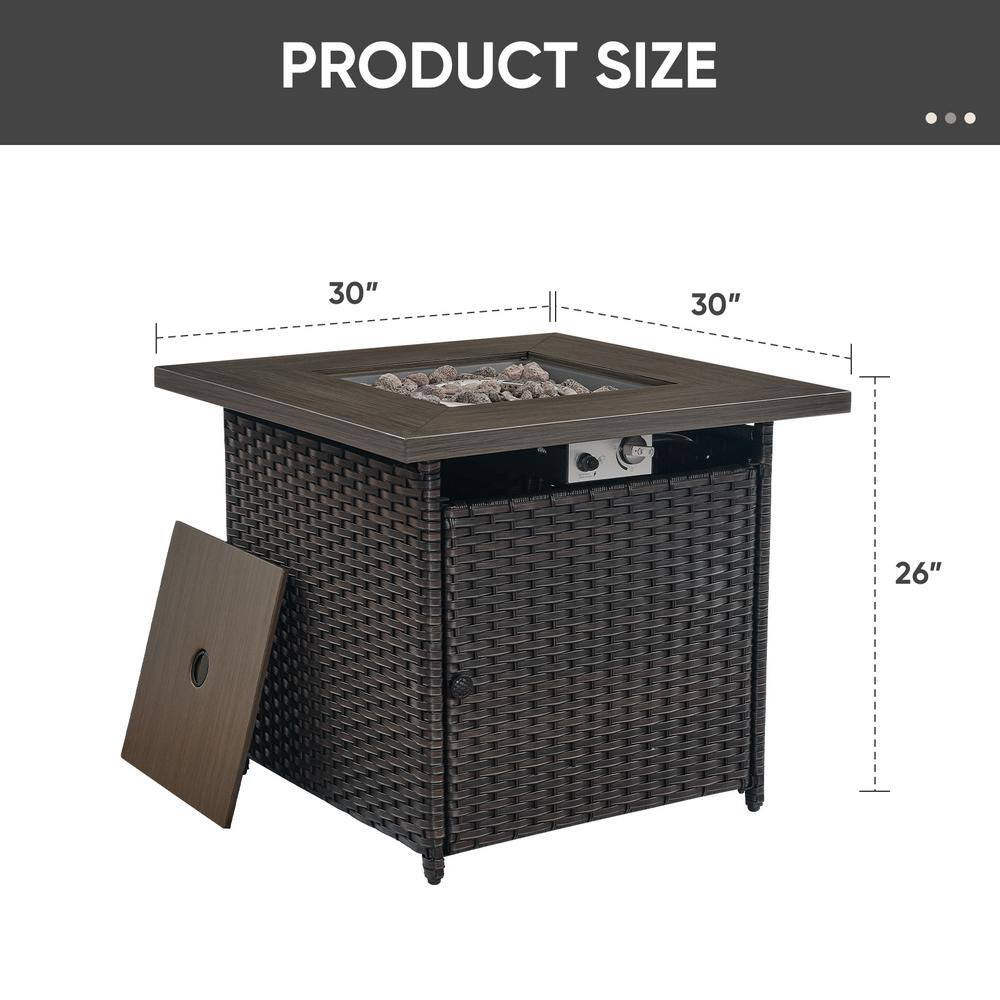 30 In. 50000 BTU Rectangular Brown Rattan Propane Outdoor Fire Pit Table with La