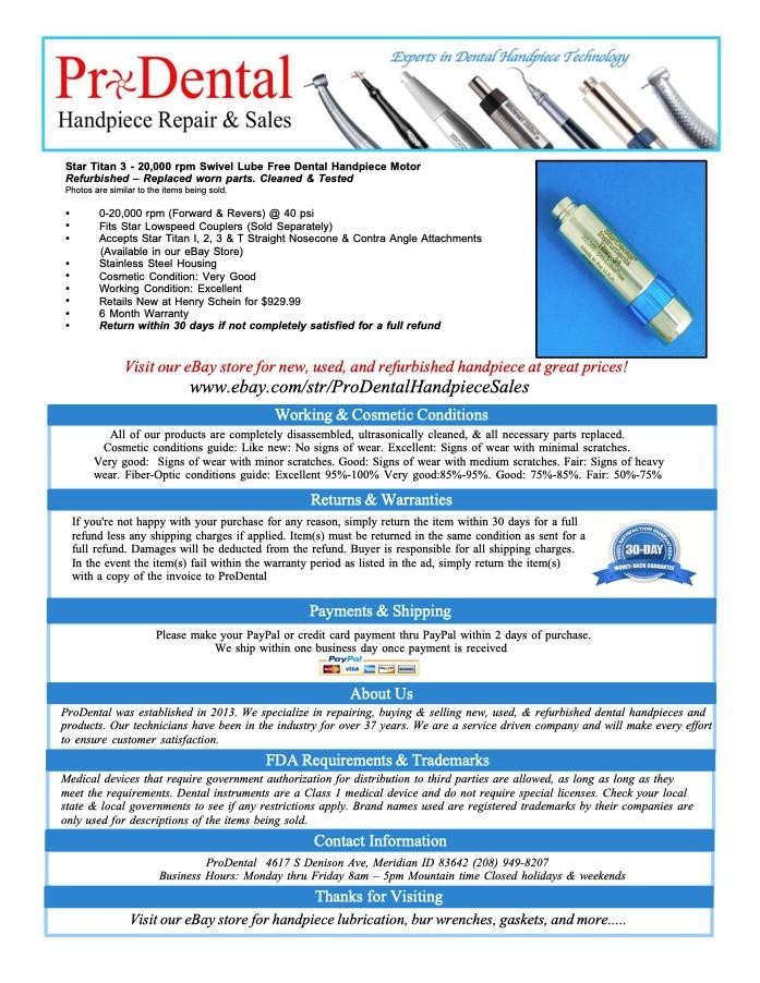 Star Titan 3 - 20,000 rpm Swivel Lube Free Dental Handpiece Motor - ProDental