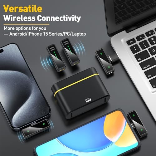 Wireless Lavalier Microphone for iPhone, Android, PC, USB C+Charging Case
