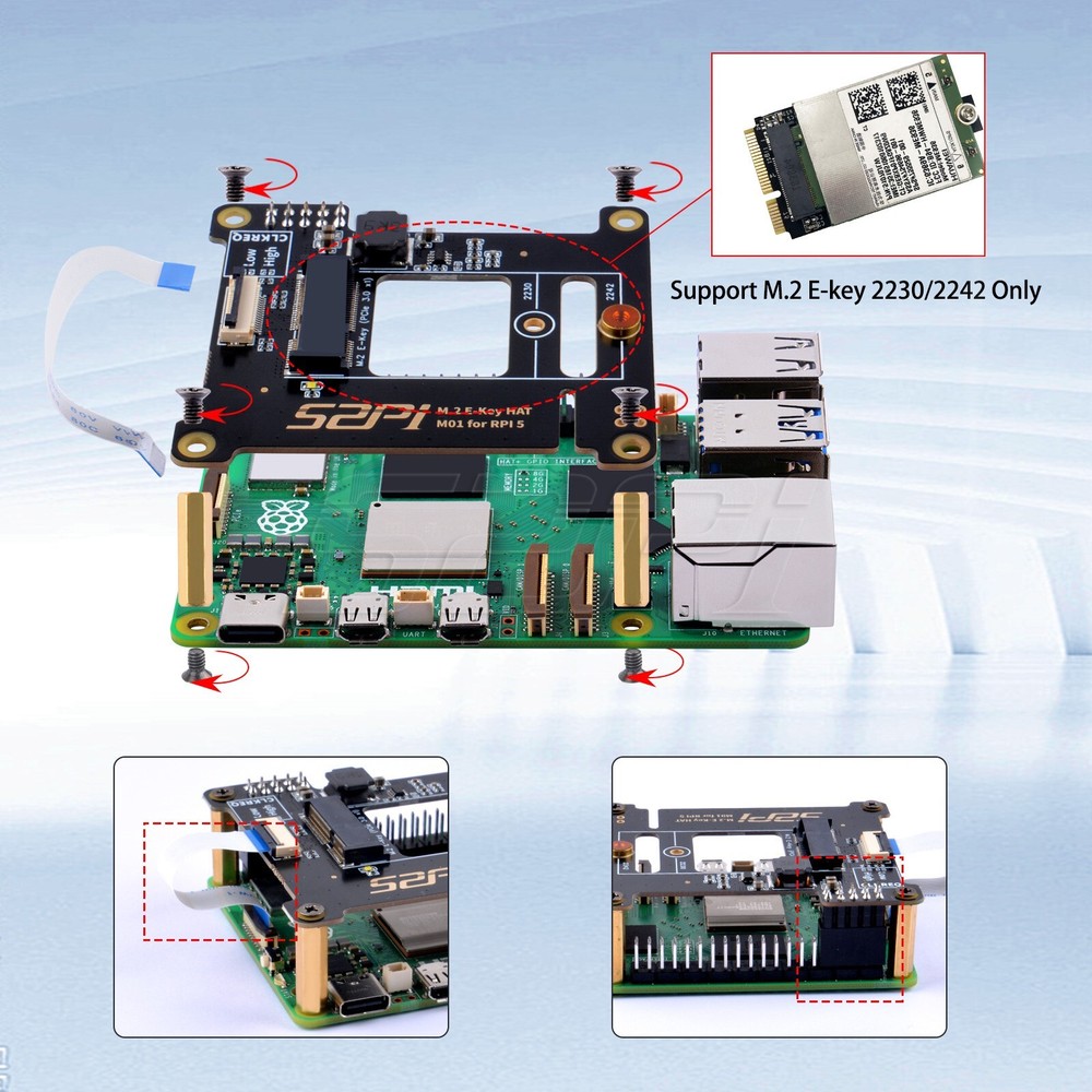 M01 M.2 2230/2242 E-key Top Extension Adapter Board for Raspberry Pi 5