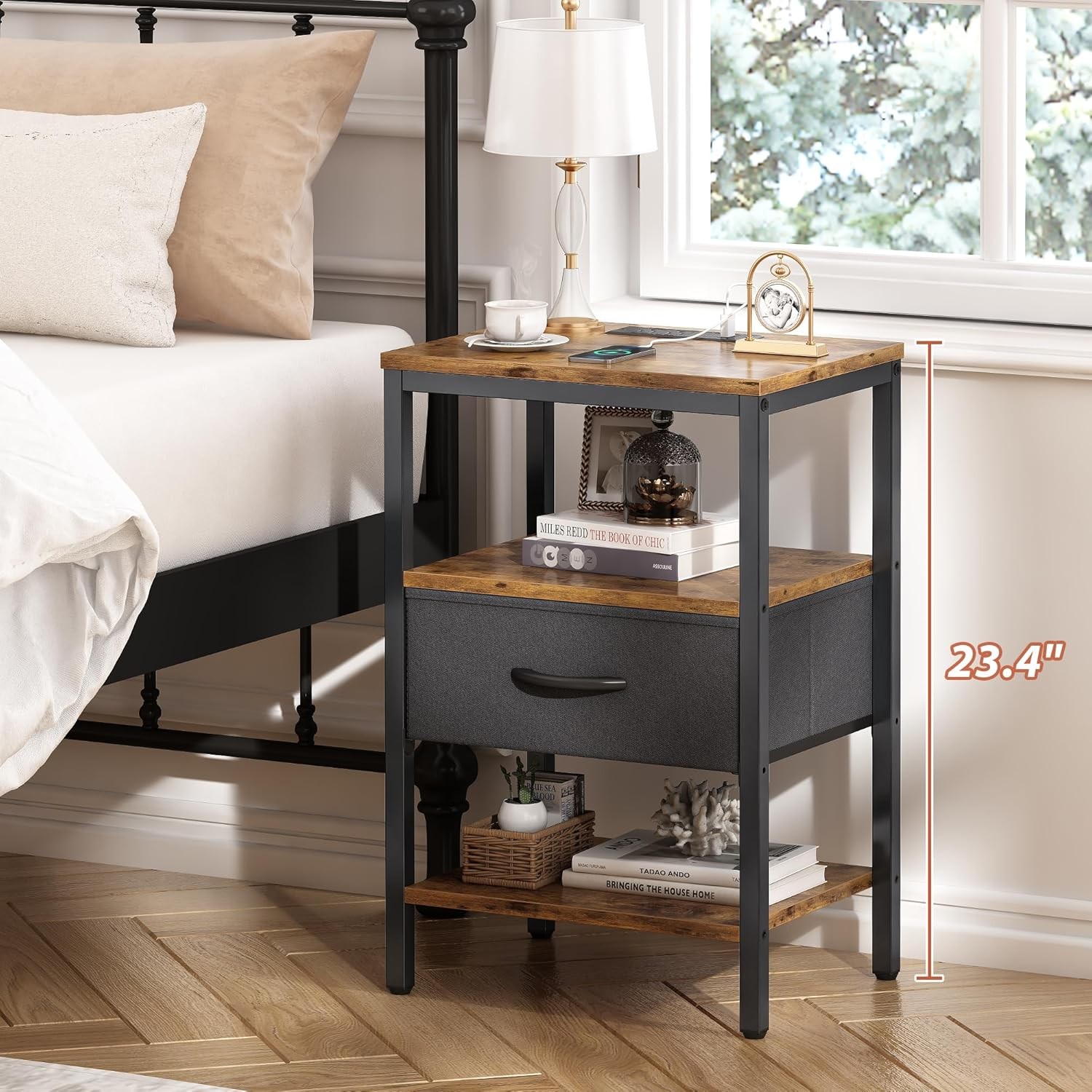 Nightstand with Charging Station, Bed Side Table with Adjustable Fabric Drawer,