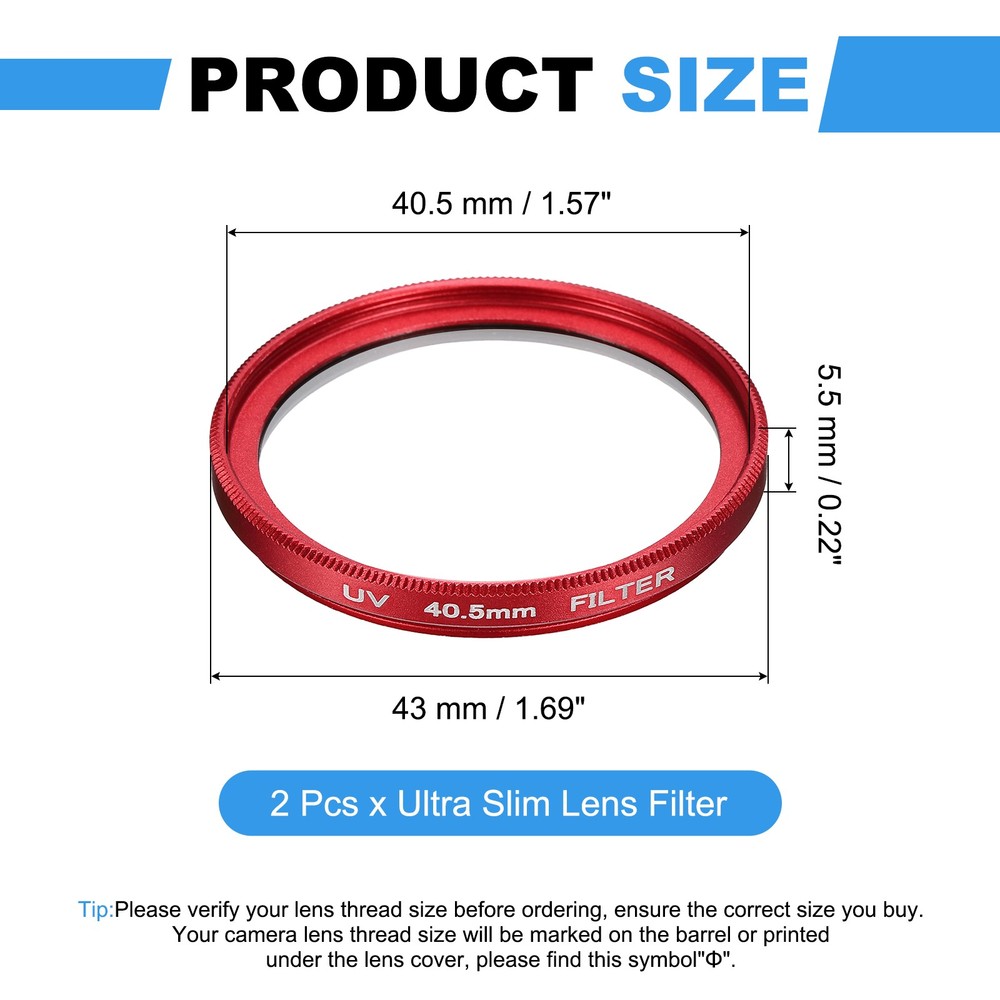 2Pcs 40.5mm Ultra Slim Lens Filter Multi Coating Camera Len Filter, Red