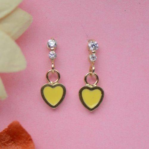 14K Solid Yellow Gold Enamel Heart Shape Dangle Stud Earring