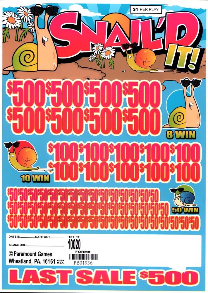 Pull Tab Tickets - Jar - Game -Snail'D it - 10,020 ct